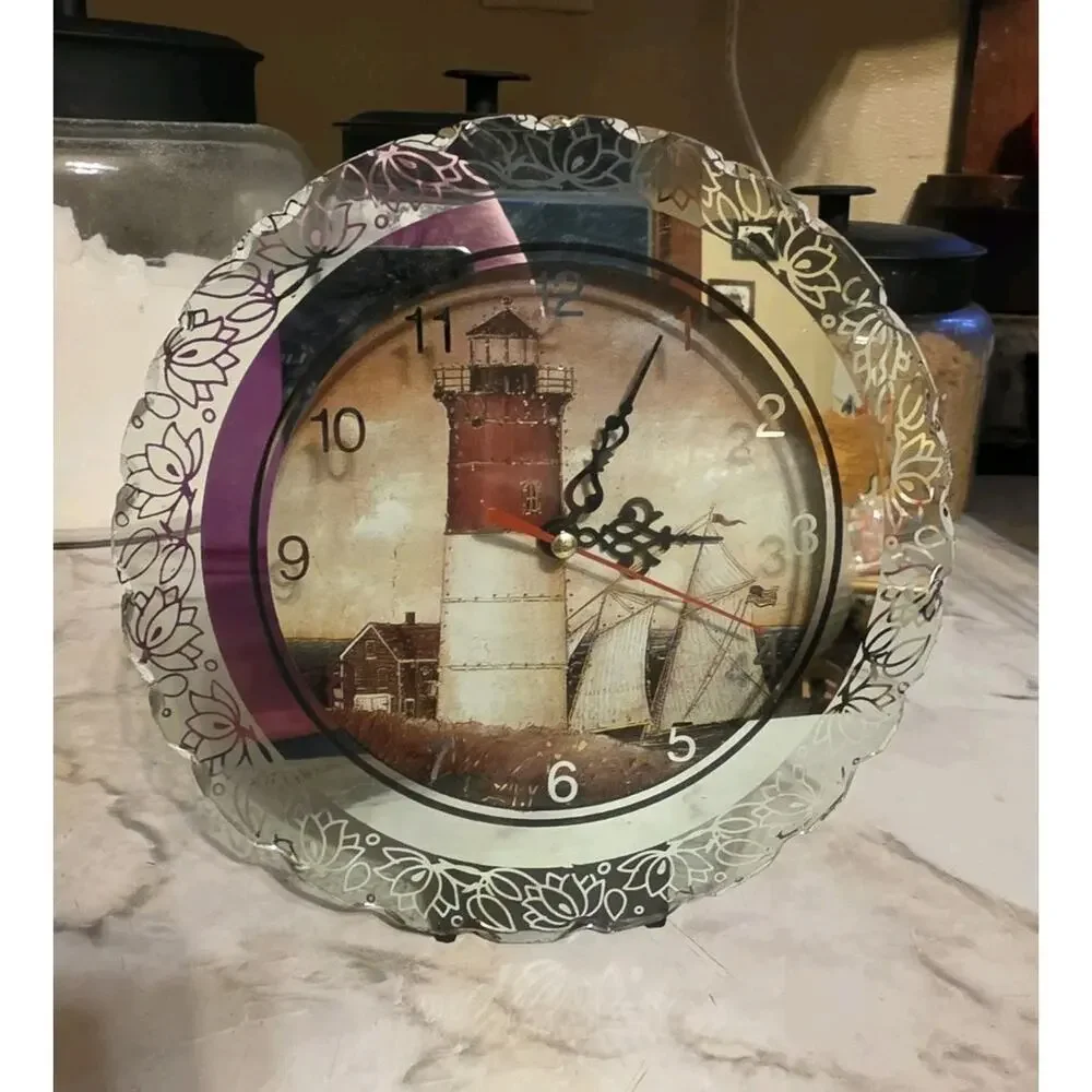 Vintage Glass Lighthouse Light Up Clock Works Nautical Beach House Seashore